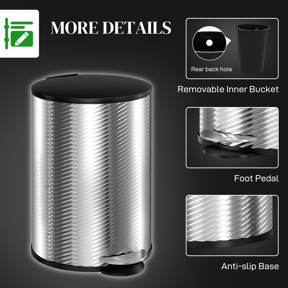 image 1 of HOMCOM 20 Litre Kitchen Bin, Stainless Steel Pedal Bin with Soft-close Lid, Fingerprint Proof Cylindrical Rubbish Bin with Foot Pedal and Removable Inner Bucket, Silver | Silver | 1