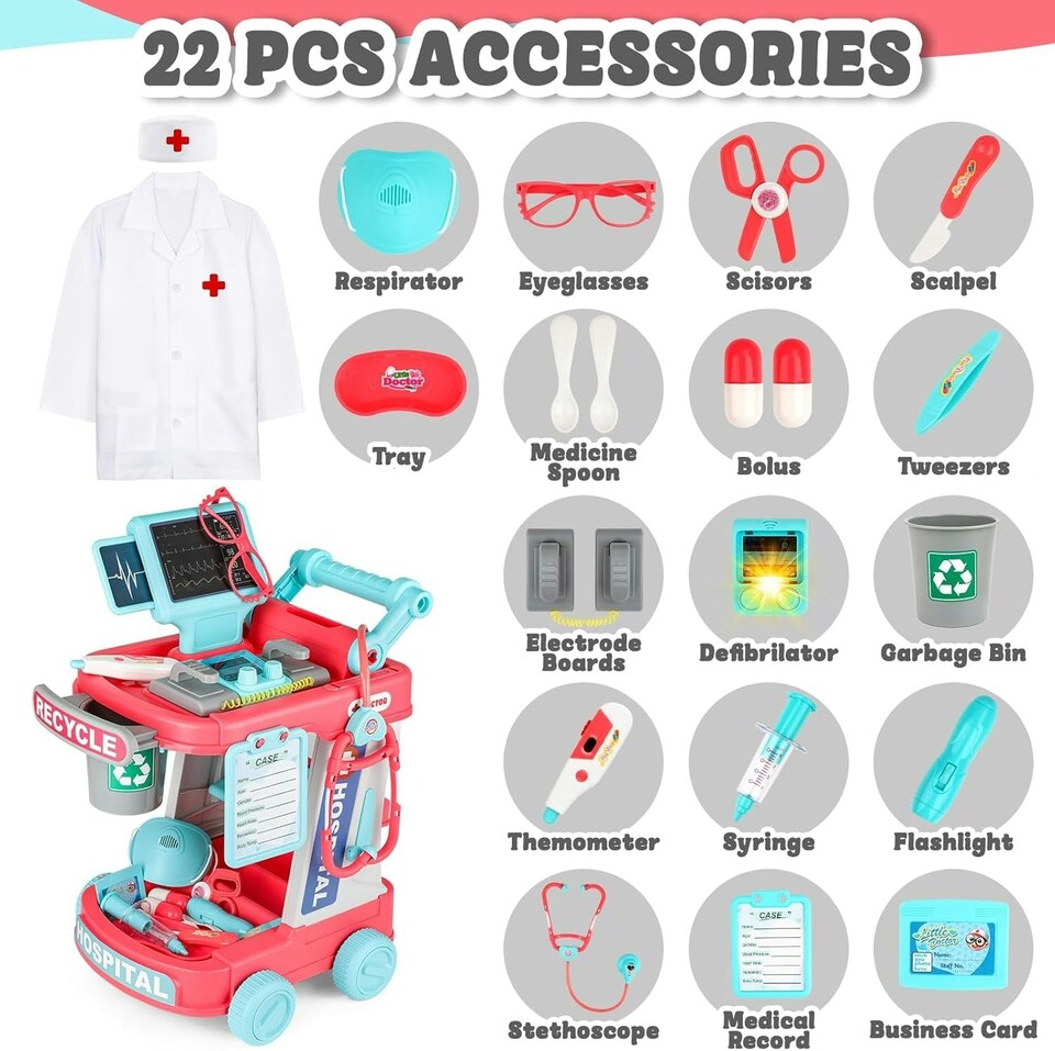 image 1 of 22PCS Educational Pretend Medical Station Doctor Trolley Role Play Set for Kids Age 3 plus