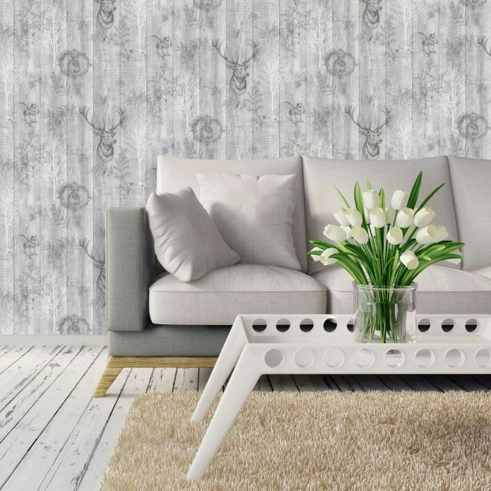 image 1 of Holden Décor Stag Wallpaper - Grey/Silver - 10m x 53cm Grey