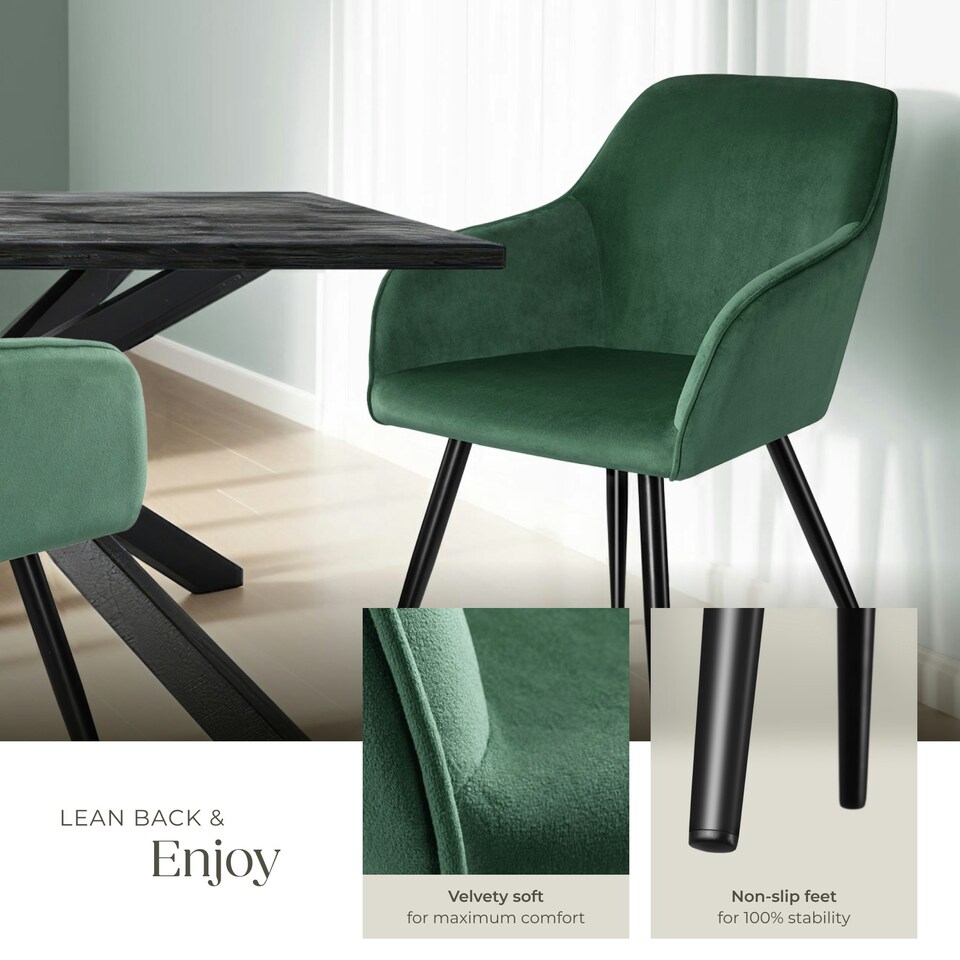 image 1 of Dining Chair Marilyn - with armrests, padded, velvet look, black steel legs - per piece Green | Dark Green/Black
