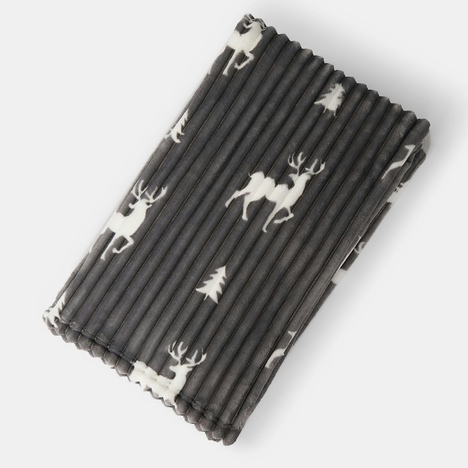 image 1 of OHS Christmas Stag Ribbed Sherpa Fleece Reverse Soft Warm Blanket Throw, Grey - 125x160cm