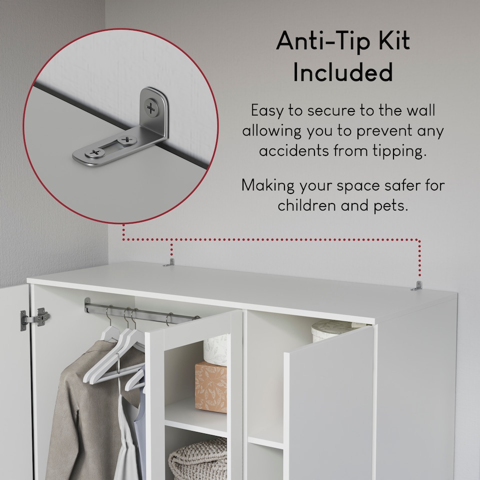 image 1 of Vida Designs Riano 3 Door 2 Drawer Mirrored Wardrobe With Shelf & Clothes Rail, White
