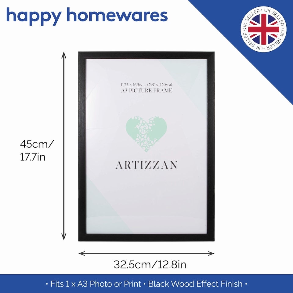 image 1 of Modern and Stylish Black Veneer Wood Effect A3 Plastic Frame for Wall Hanging | Black | L