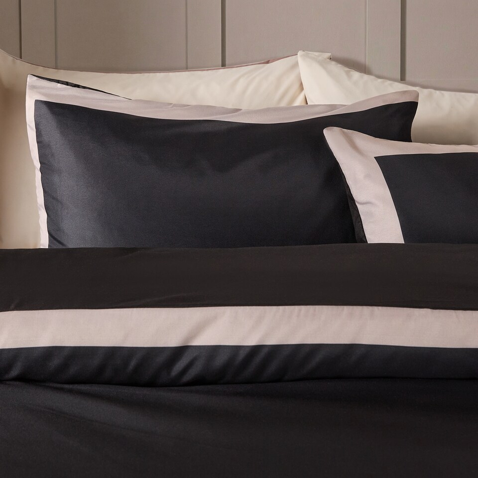 image 1 of OHS Contrast Border Microfibre Bedding Set Duvet Cover with Pillowcase | Black | Black/Stone | King