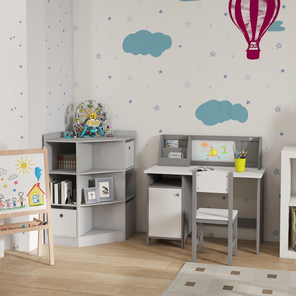 image 1 of HOMCOM Kids Table and Chair Set 2 PCs Table and Chair Set w Whiteboard | Grey