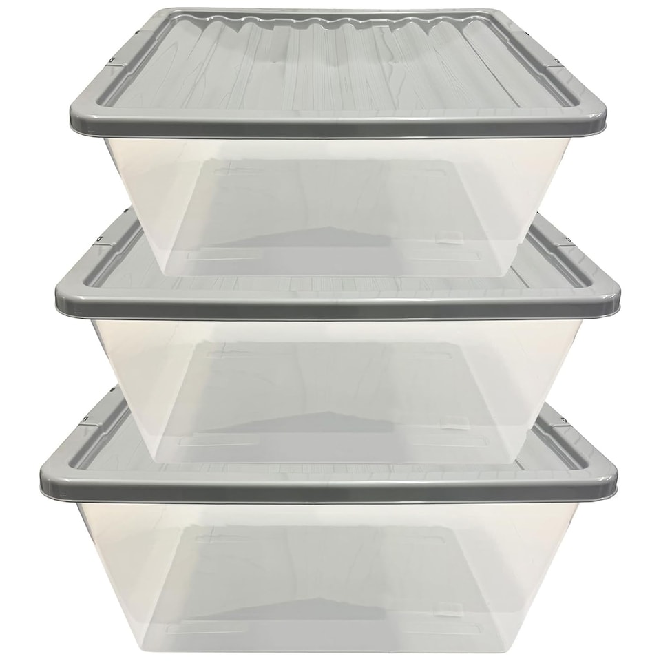 image 1 of 3 x 62L Stackable Clear Plastic Storage Boxes With Silver Lids