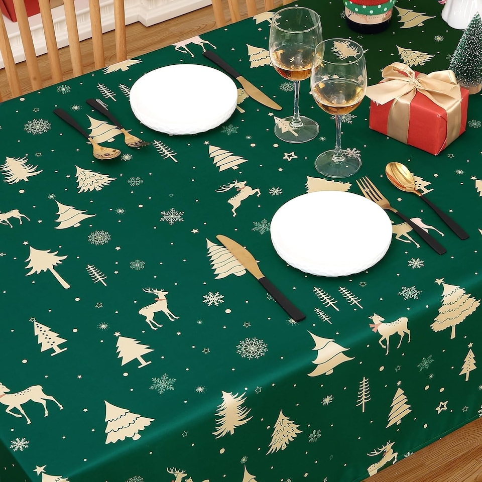 image 1 of London Boutique Christmas Tablecloth, Deer Pattern, Waterproof Table Cloth, 54 x 79 inch, Green