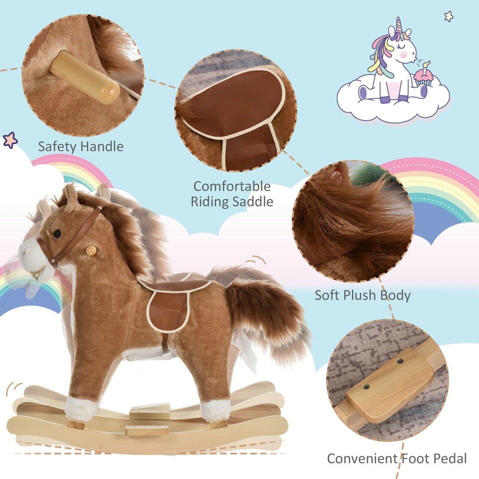 image 1 of HOMCOM Kids Plush Rocking Horse w/ Moving Mouth Tail Sounds 18-36 Months Brown
