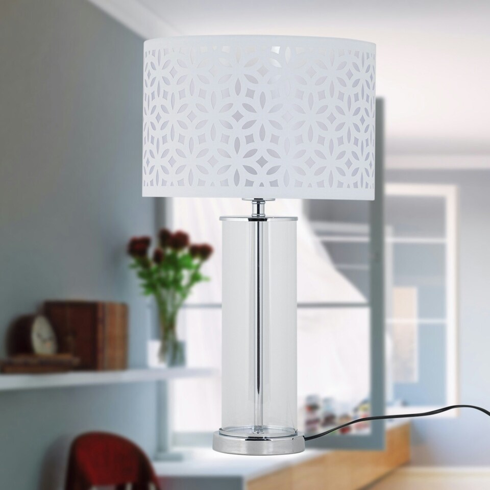 image 1 of Aura - Chrome Table Lamp with White Cut Out Shade Chrome | White