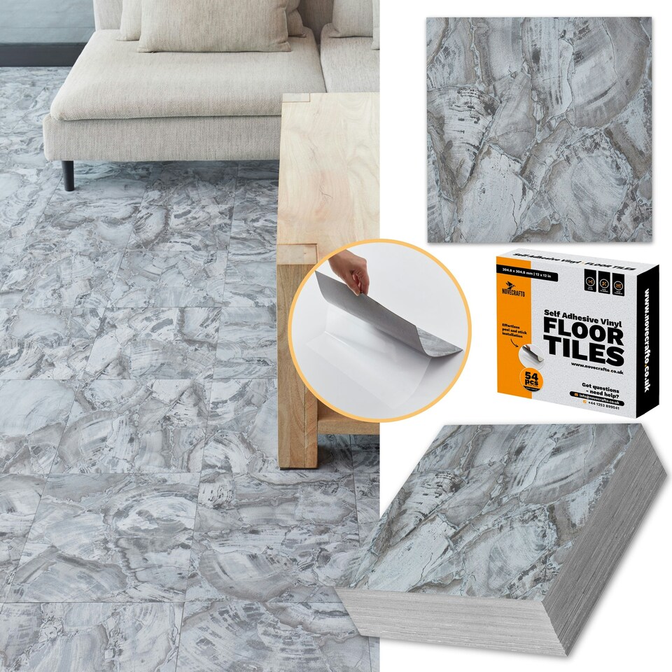 image 1 of NOVECRAFTO Vinyl Floor Tiles Self Adhesive – 12x12in Peel and Stick Flooring for Kitchen, Bathroom & Living Room – Charcoal Marble Flow Design | Grey | 4.65 sqm