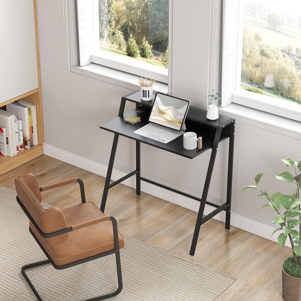 image 1 of HOMCOM 2-Tier Storage Computer Workstation with Shelf, Metal Frame Black