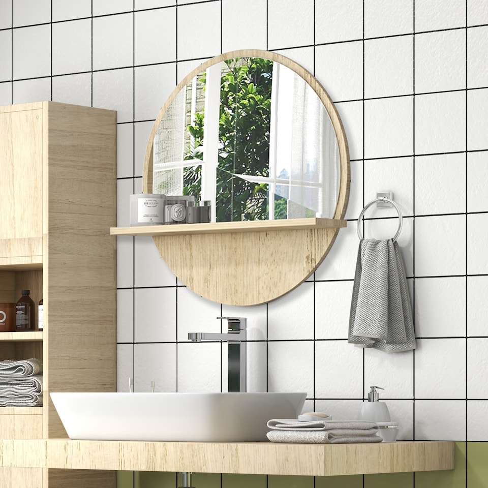 image 1 of kleankin 45cm Wall Mounted Bathroom Mirror, Round Mirror with Shelf, Framed Makeup Mirror for Home Decoration, Natural Wood Effect