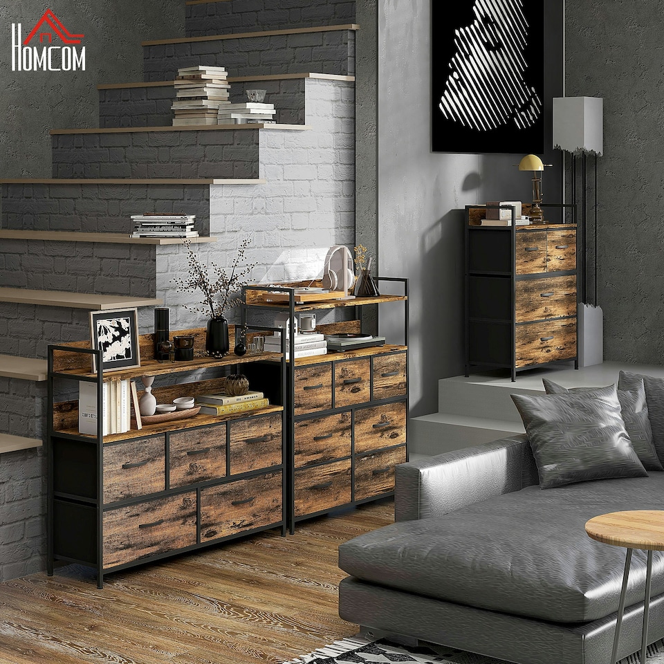 image 1 of HOMCOM Bedroom Chest of Drawers 5 Drawer Dresser w/ Shelves, Grey Wood Effect