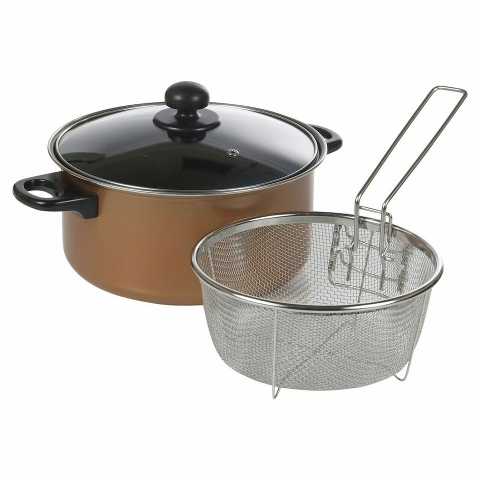 image 1 of 24cm 9 Non-Stick Chip Pan Deep Fat Fryer Cooking Pot with Frying Basket and Lid Set | Brown | 1