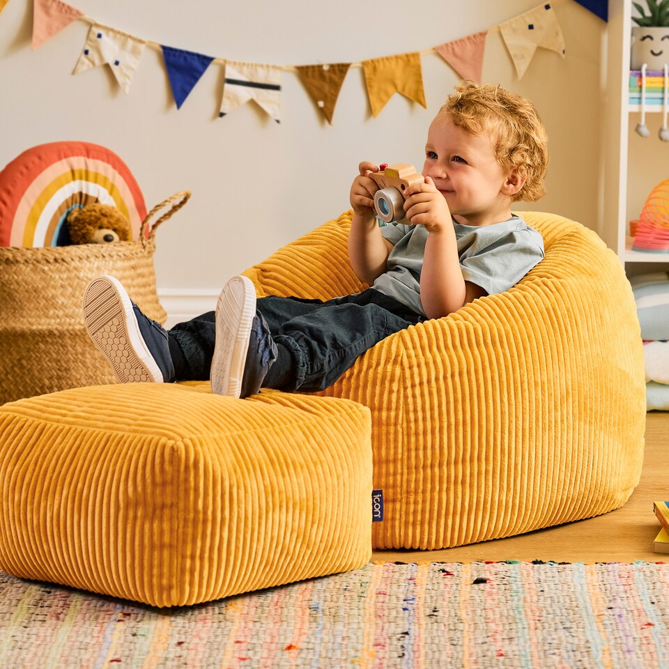 image 1 of icon Kids Kingston Cord Classic Bean Bag and Mini Square Footstool, Ochre