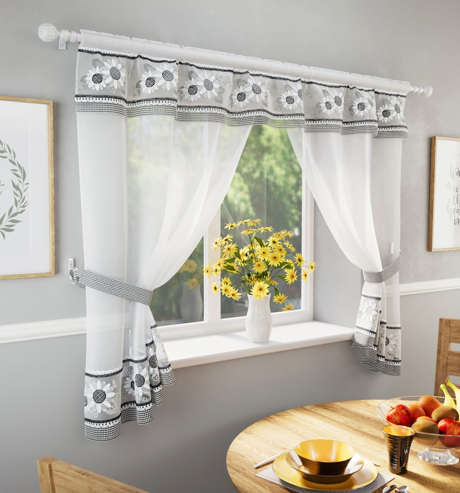 image 1 of Tyrone Textiles Keswick Black Floral Embroidery Window Set With Matching Tie Backs -  98x48" (249x122cm)