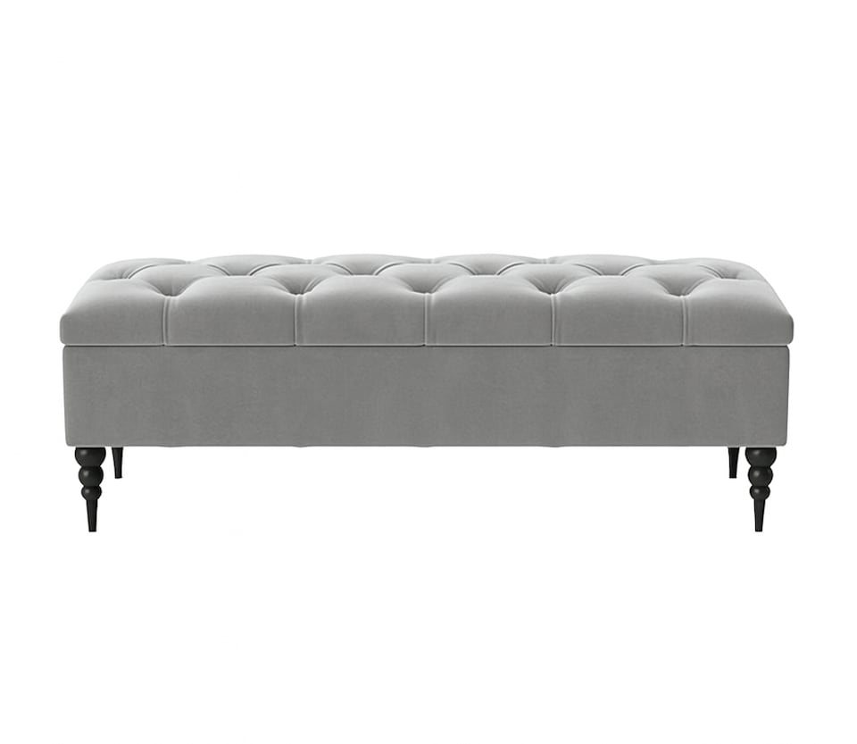 image 1 of 180cm Safar Ottoman bench with Storage and Turned Wooden Legs- Plush Velvet Shoes Bench - Silver Chesterfield Storage Bench