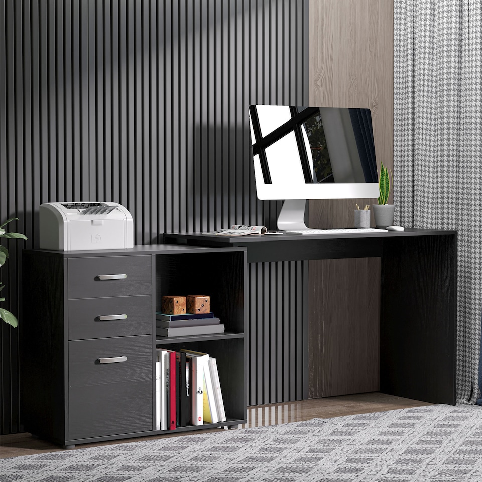 image 1 of HOMCOM L Shaped Computer Desk, Reversible Home Office Desk with Drawers, File Cabinet and Storage Shelves, Study Table, 117 x 83.5 x 76cm, Black