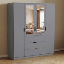 Vida Designs Trega 4 Door 3 Drawer X-Large Mirrored Modern Wardrobe Unit, Grey