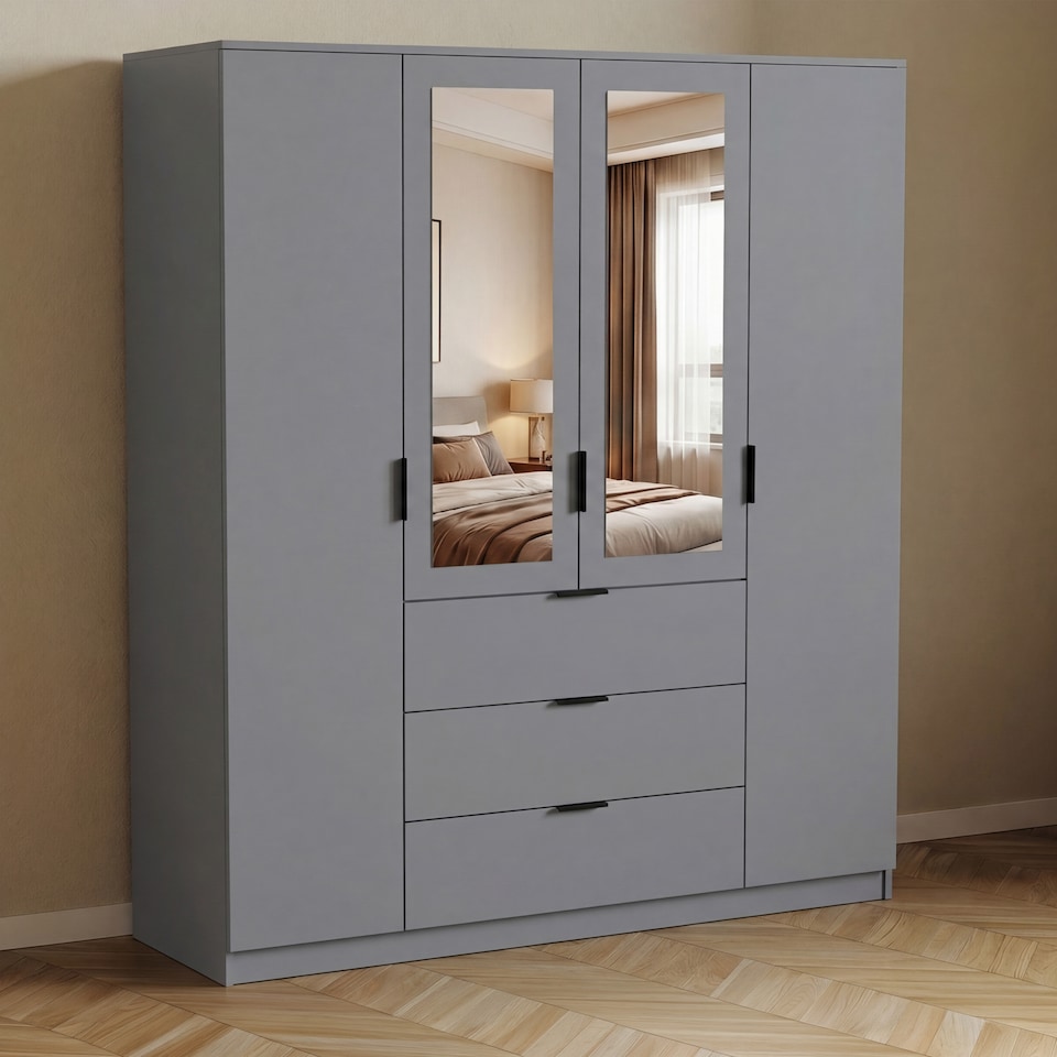 image 1 of Vida Designs Trega 4 Door 3 Drawer X-Large Mirrored Modern Wardrobe Unit, Grey