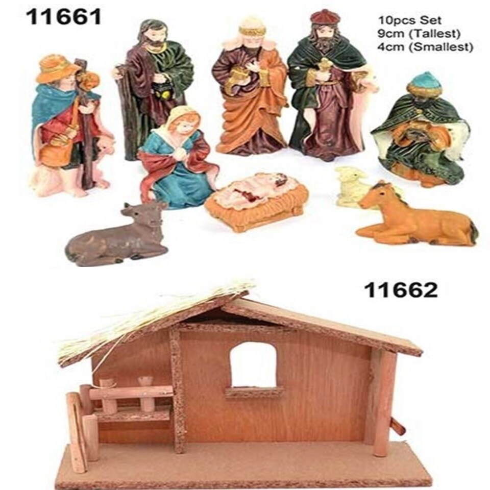 image 1 of LARGE Handmade Nativity Scene Birth Jesus Christ Wooden Stable Figurine House Sculpture Christmas Decoration Xmas Décor, W