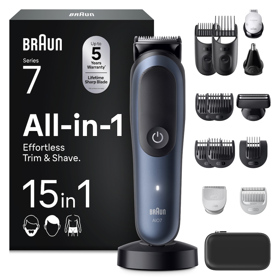 image 1 of Braun All-in-One Series 7, 15in1 Grooming Kit, ProBlade, AutoSense, AIO7580, Blue