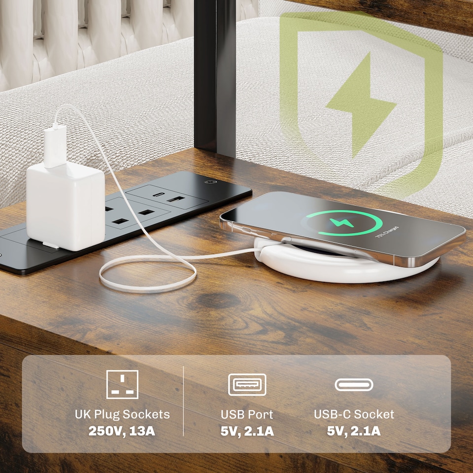 image 1 of HOMCOM Side Table with Charging Station, USB Ports and Power Outlets, Narrow Bedside Table with 2 Drawers and Shelf for Living Room, Bedroom, Rustic Brown | Brown