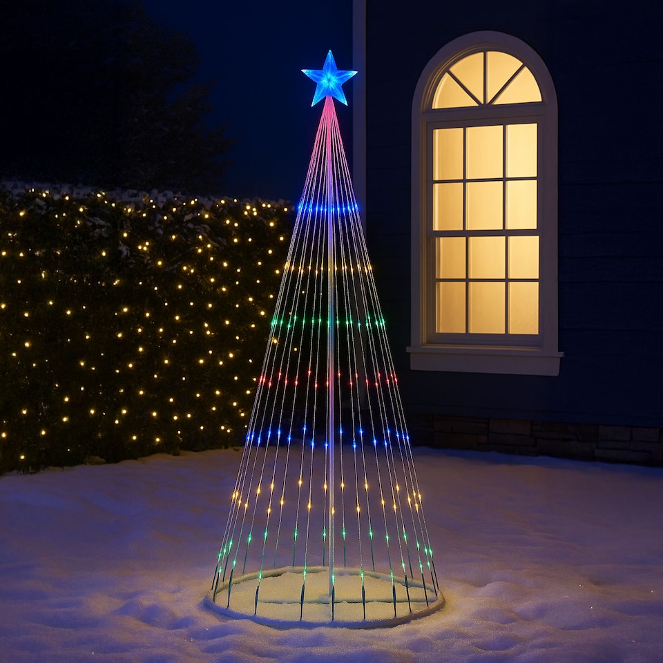 image 1 of Neo White Waterfall LED Outdoor Christmas Tree Light Cascading Star Tree with 5m Lead Multi Function Modes Garden & Patio 4ft 6ft 8ft 10ft Foot Feet | White | Multi White