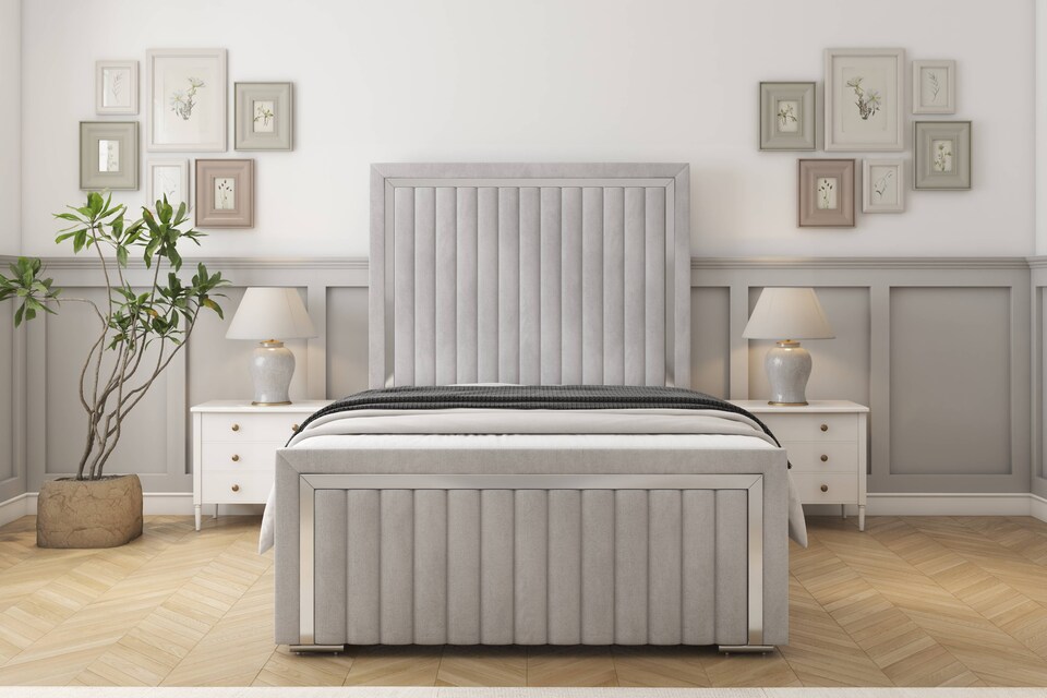 image 1 of Sloomy Boston Chrome Silver Naples Bed Frame With 50" Upholstered Headboard 4' Small Double