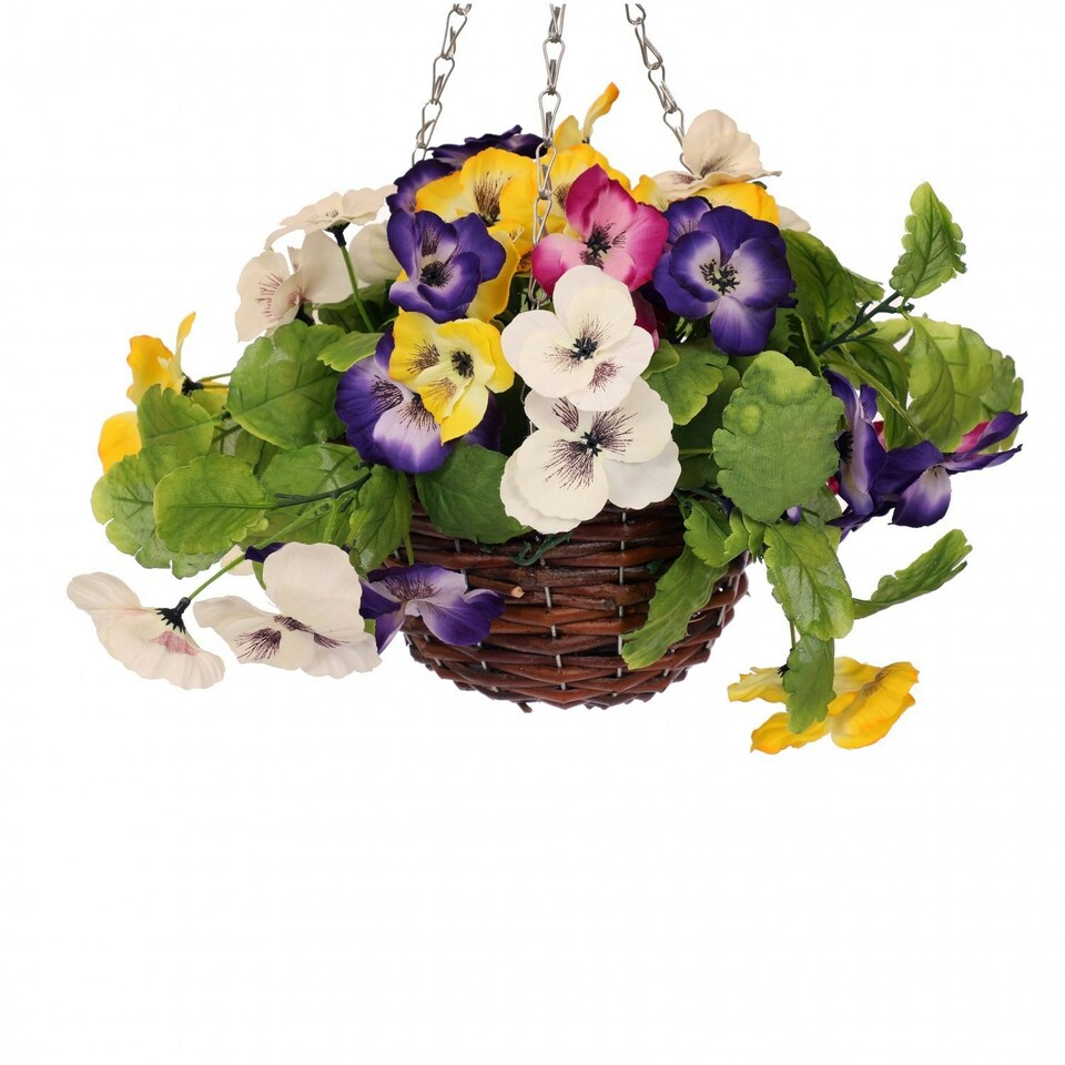 image 1 of Oypla Artificial Garden Hanging Wicker Basket with Multicoloured Pansy Flowers