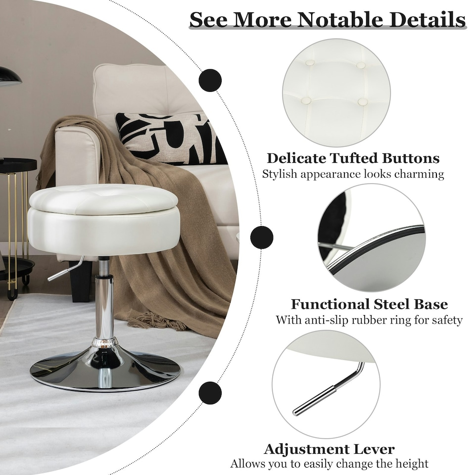image 1 of Costway 360° Swivel Bar Stool w/ Lid Tufted Vanity Stool White