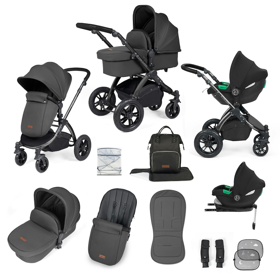 image 1 of Stomp Luxe 12pc Travel System with Cirrus i-Size Car Seat & ISOFIX Base, Carrycot, Reversible Seat, Rain Cover & More (Black/Charcoal Grey/Black)