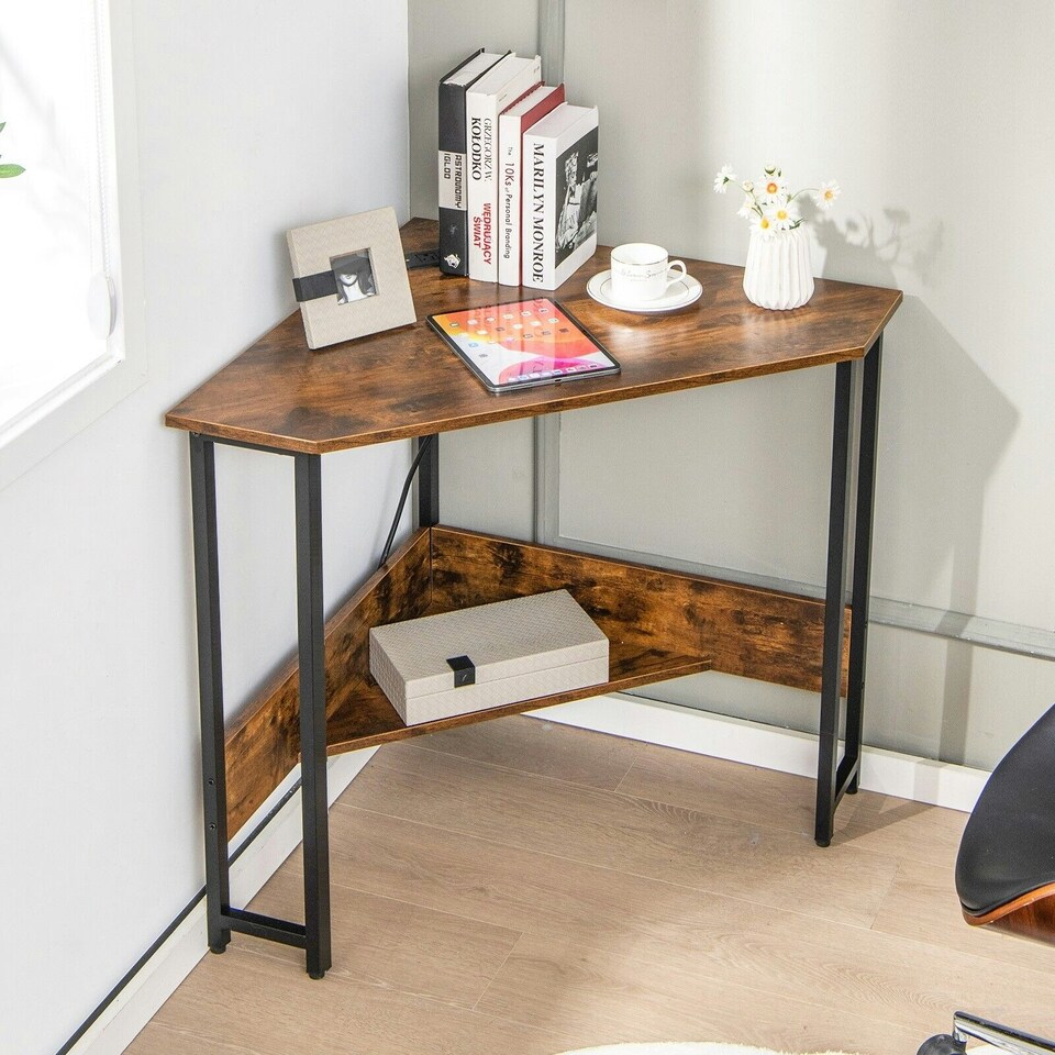 image 1 of COSTWAY Corner Desk Triangle Computer Table w/Power Outlet Brown Brown