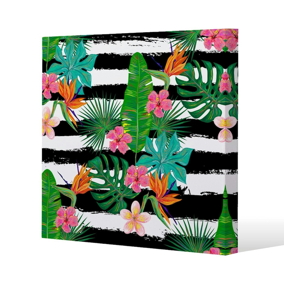 image 1 of Tropical Plants on Black & White Stripes (Canvas Print) 46 x 46 x 4cm