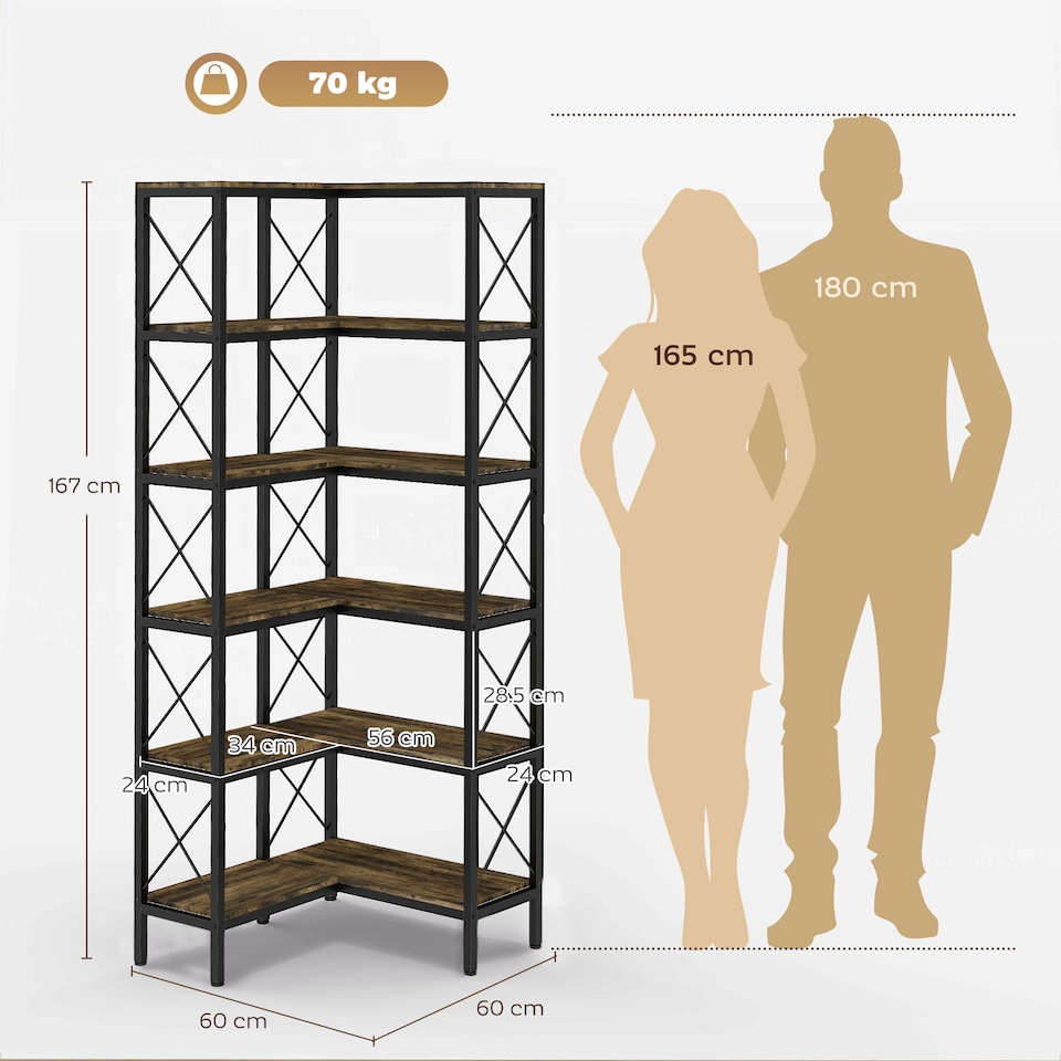 image 1 of HOMCOM L-Shaped Bookshelf, 5-Tier Bookcase with Metal Frame, Rustic Brown