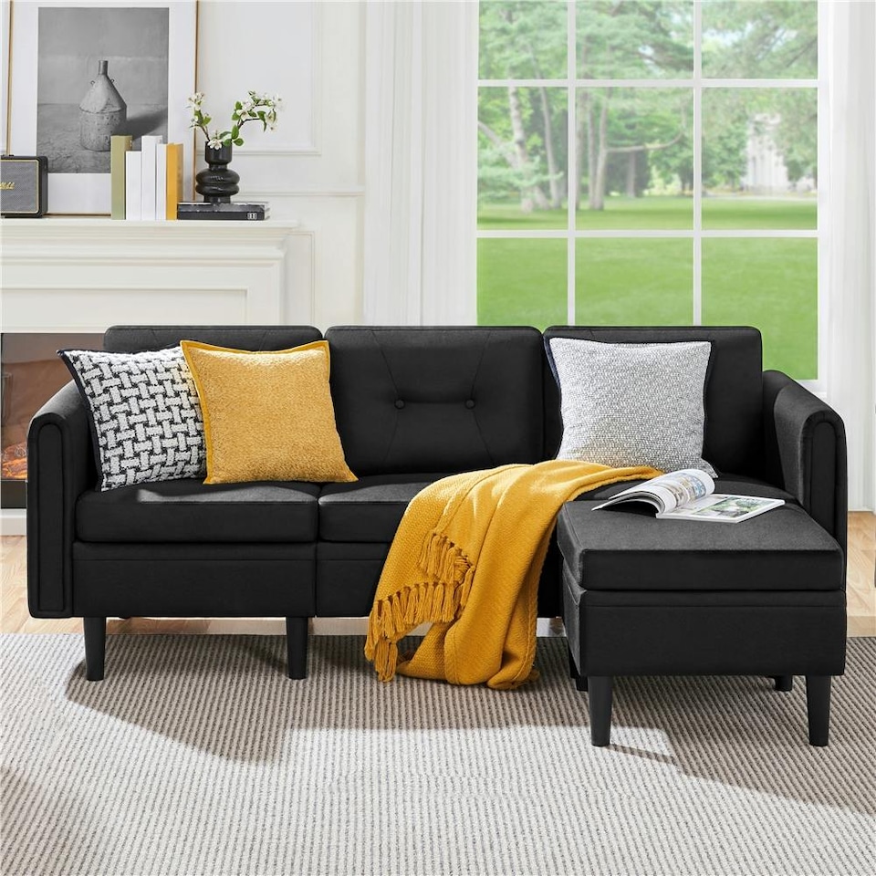 image 1 of Yaheetech 189 cm W 3-Seater Sofa with Ottoman | Black | Three Seater