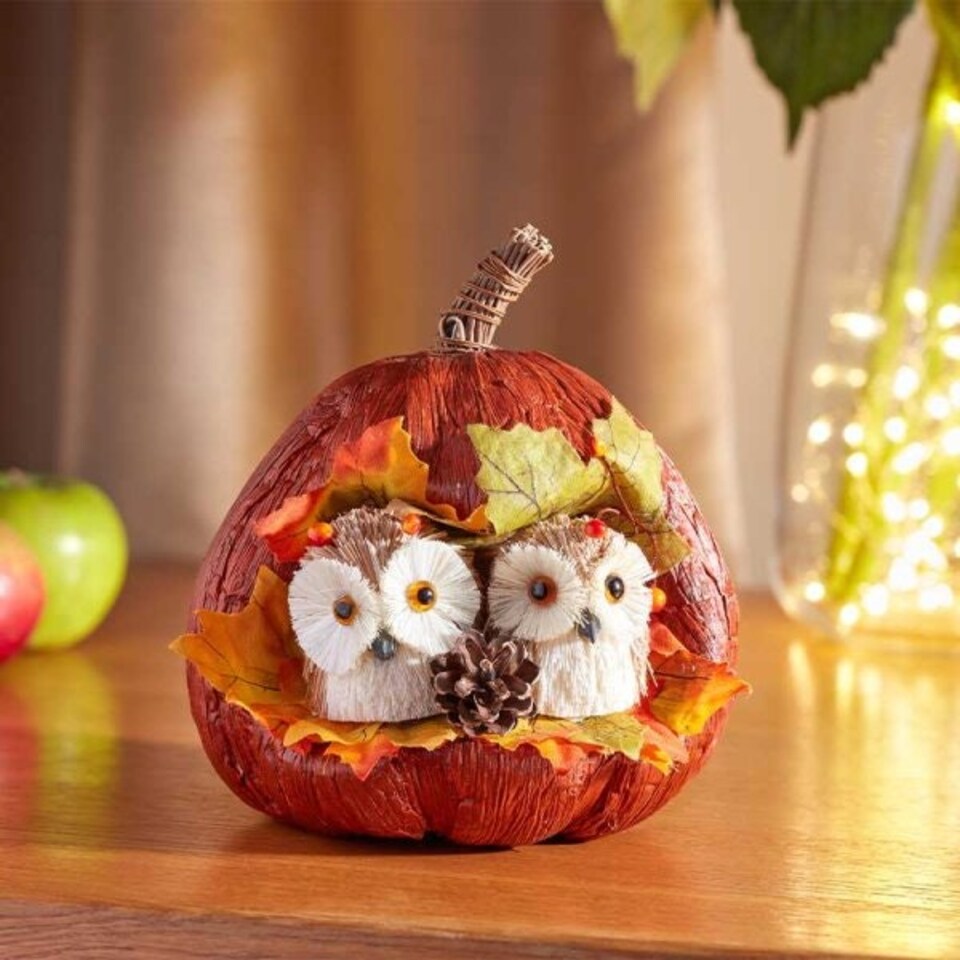 image 1 of Marco Paul Autumn Pumpkin Ornament with Owls Fall Decoration 17cm
