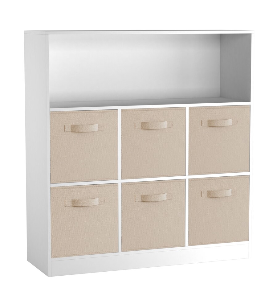 image 1 of Wide 7-Cube Bookcase With Drawers | White | White & Beige | 1