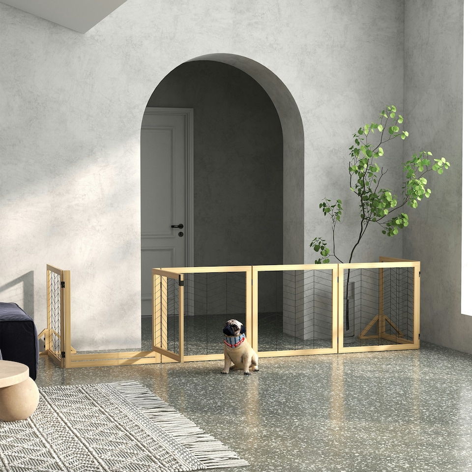 image 1 of PawHut 8 Panels Freestanding Dog Barrier for S and M Dogs - Natural Wood
