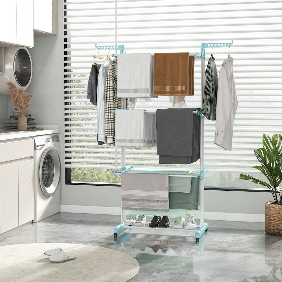 image 1 of COSTWAY 4-Tier Collapsible Laundry Rack Foldable Drying Rack Blue