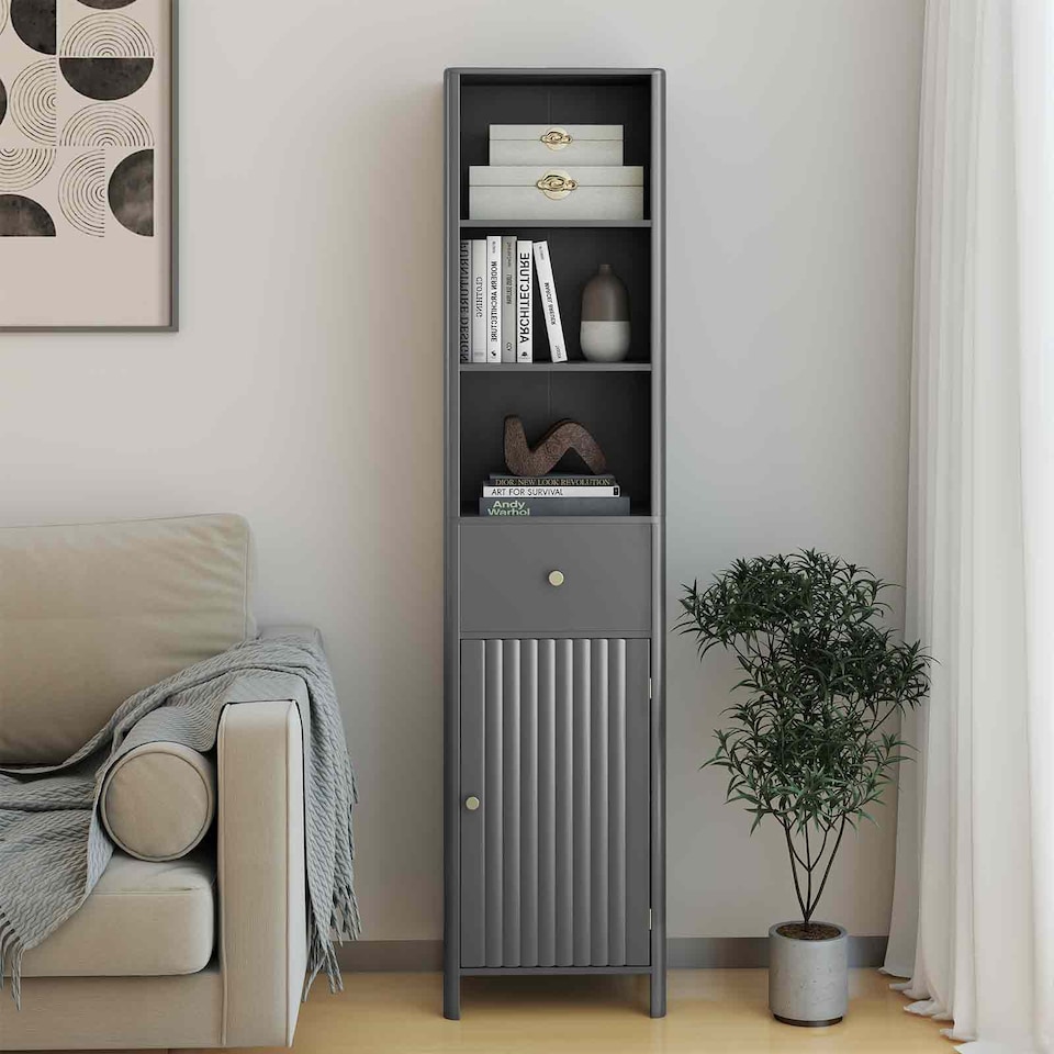 image 1 of COSTWAY 170cm Tall Bathroom Cabinet Narrow Cabinet Grey