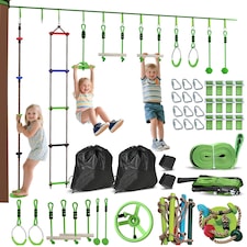 AIYAPLAY Obstacle Course for Kid with 10 Piece Slackline Kit, Green