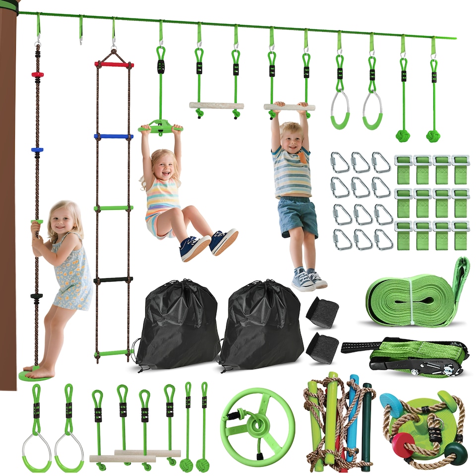 image 1 of AIYAPLAY Obstacle Course for Kid with 10 Piece Slackline Kit, Green