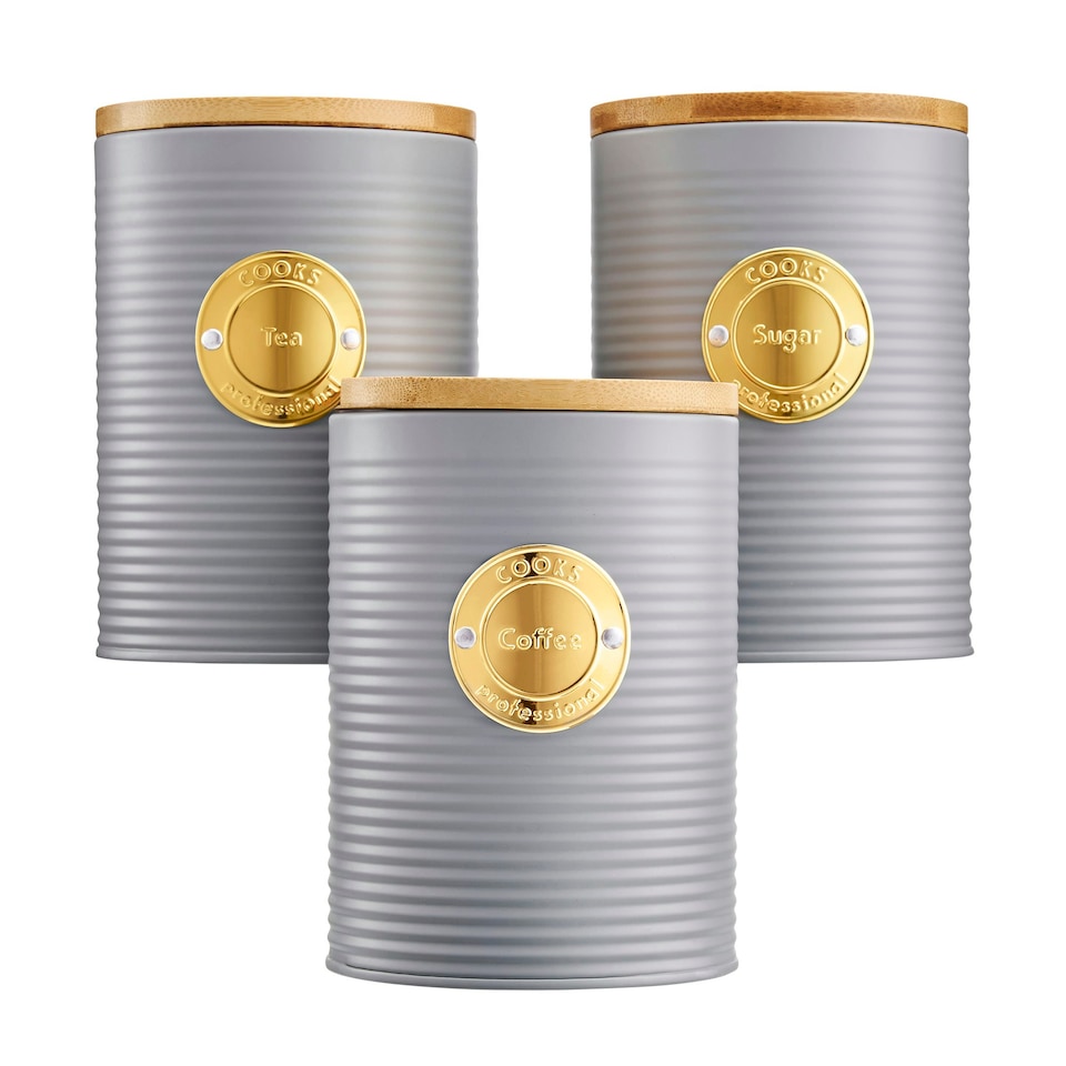 image 1 of Cooks Professional 3 Piece Ribbed Tea, Coffee, & Sugar Cannisters with Bamboo Lids | Stainless Steel Kitchen Storage Bins | Grey & Gold