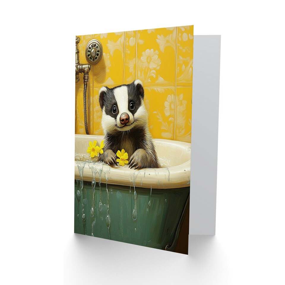 image 1 of Cute Badger in Bathtub Yellow Daisy Theme Bath Birthday Greeting Card