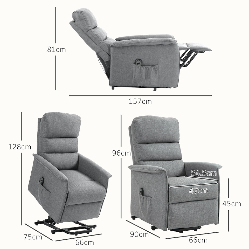 image 1 of HOMCOM Power Lift Recliner Chair, Electric Lift Chair for Elderly, Fabric Riser and Reclining Armchair with Remote Control, Side Pockets, Footrest, for Living Room, Grey | Grey | Grey
