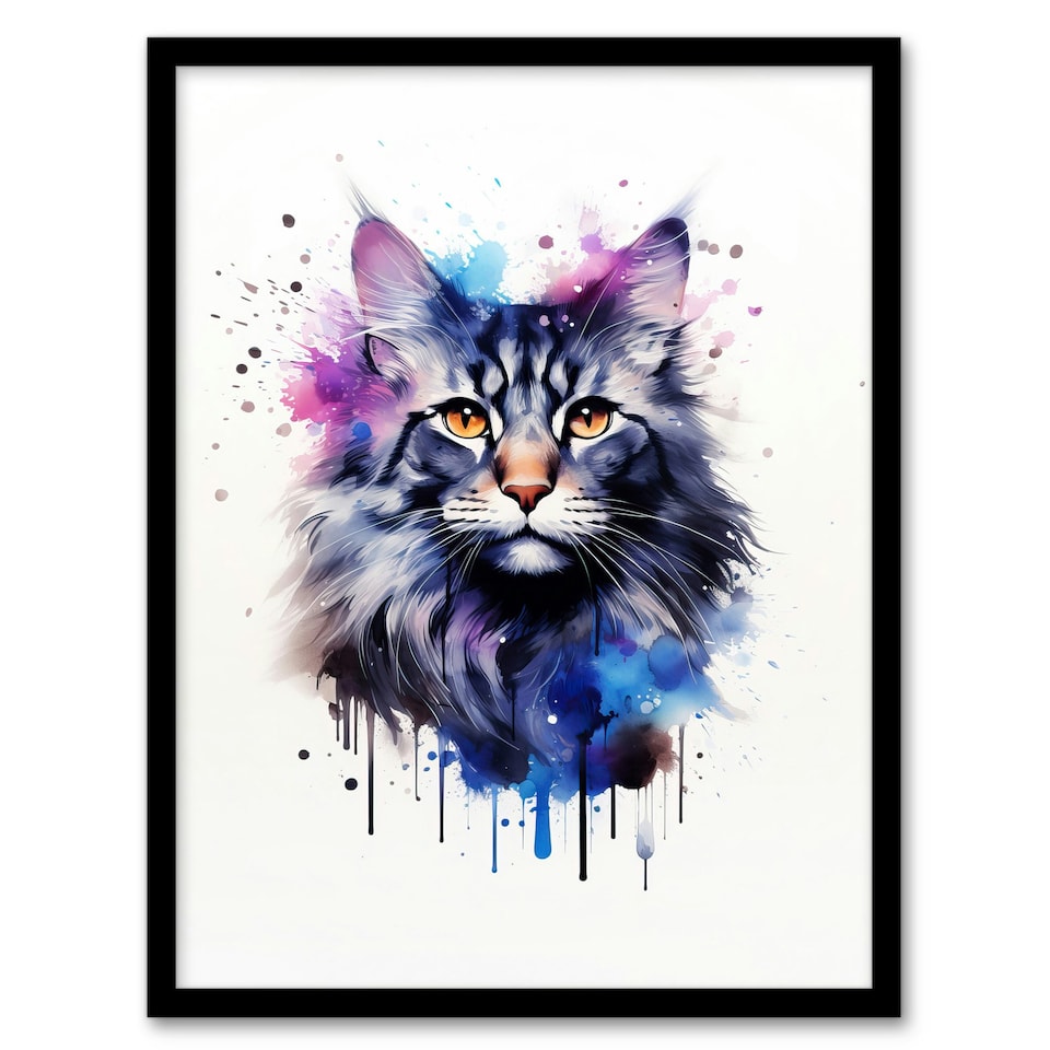 image 1 of Cat Maine Coon Watercolour Pet Portrait Black Framed Wall Art Print A4