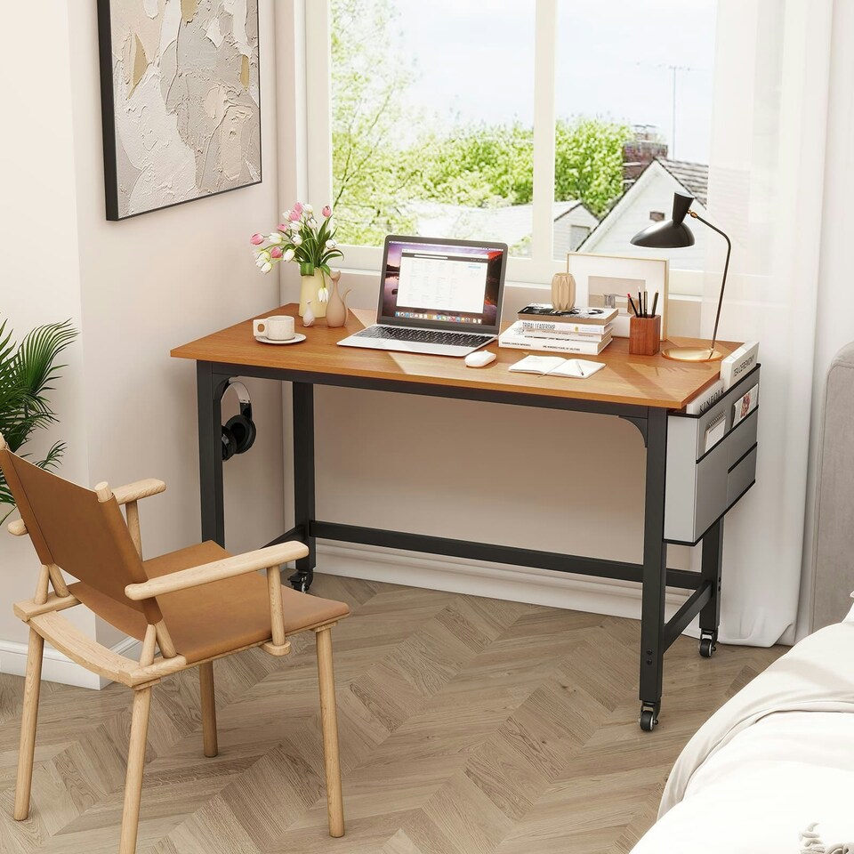 image 1 of COSTWAY Mobile Computer Desk 120cm Home Office Desk Teak Brown