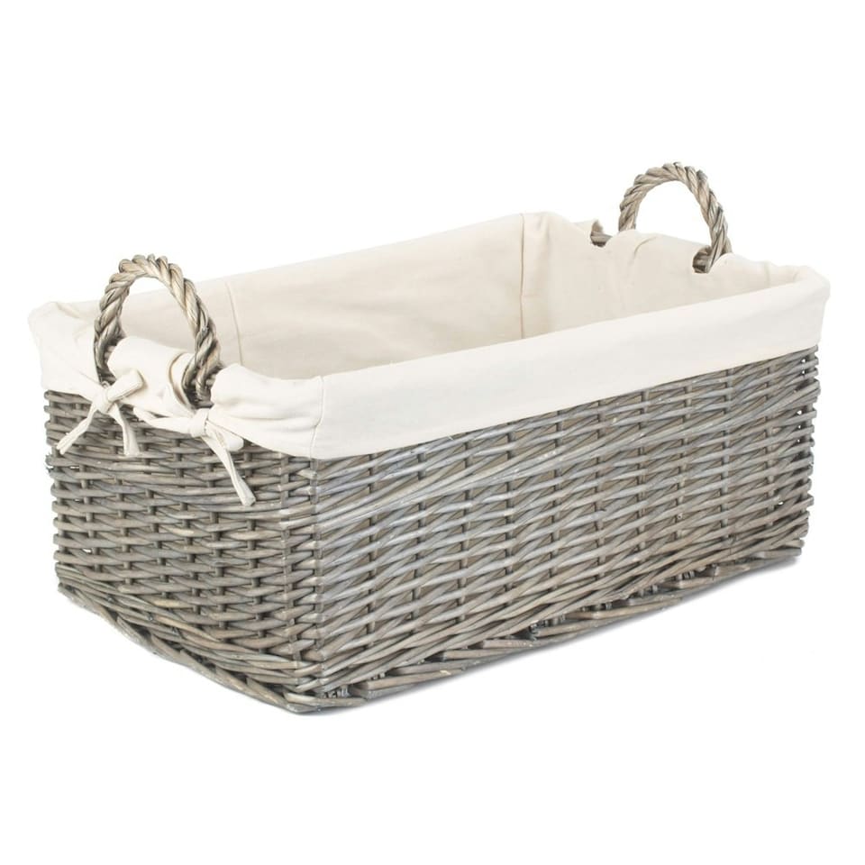 image 1 of Medium Shallow Antique Wash Lined Storage Wicker Basket | White | White