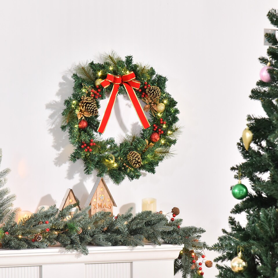 image 1 of HOMCOM Pre-Lit Artificial Christmas Door Wreath Holly Garland Decor 20 LED